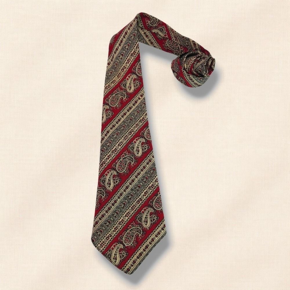 Wembley Vintage All Wool Necktie Paisley Stripe Red Gray Tan Wide‎ Heritage OS